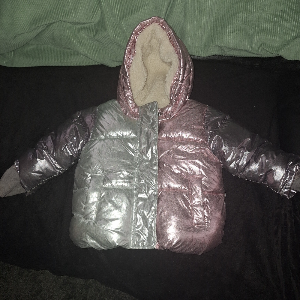 Baby Gap Toddlee Metallic Pink and Silver Puffer Sherpa Jacket With Hood 18M